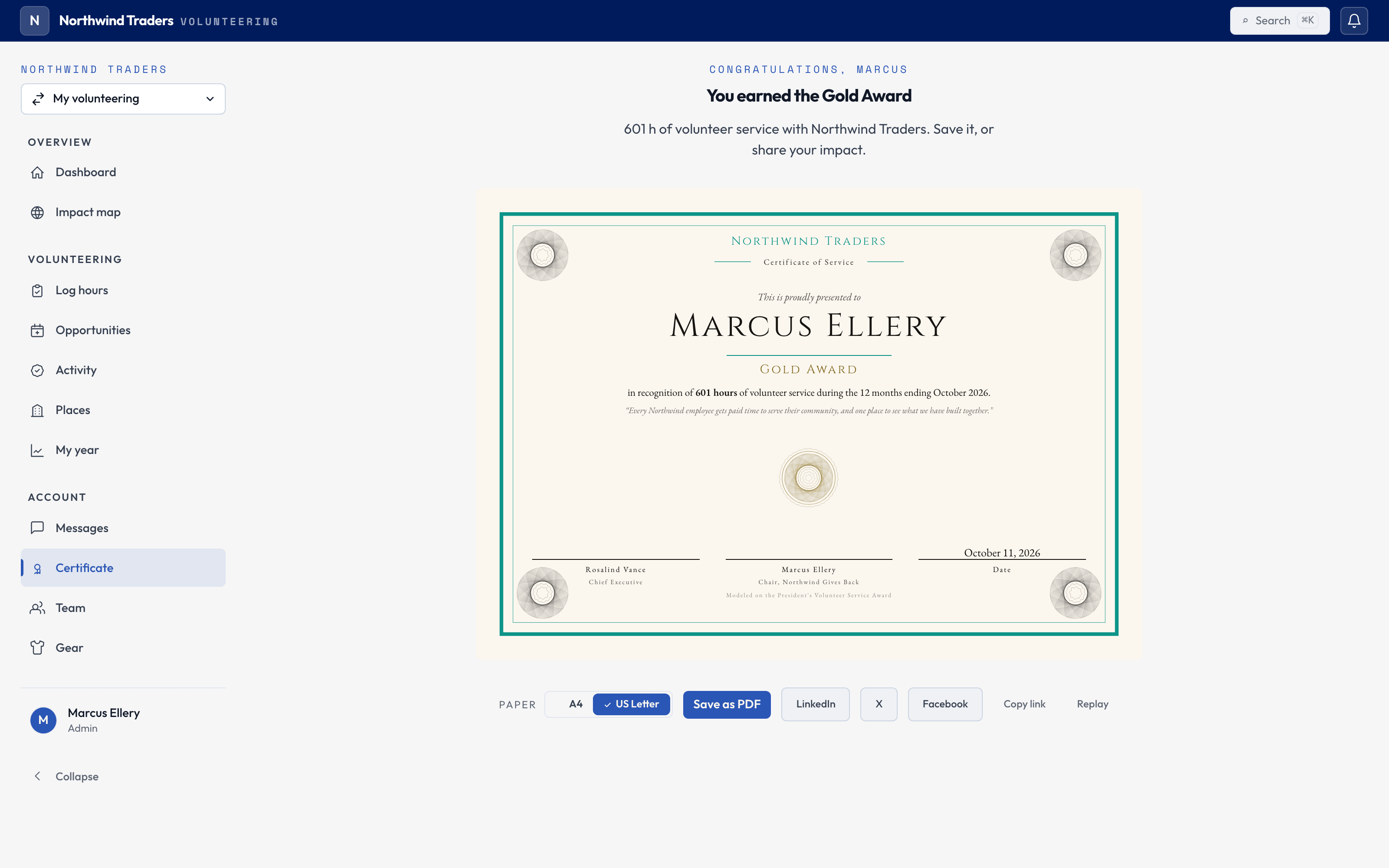 A Gold Award certificate in the member’s view.